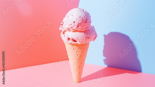 Delicious pink ice cream scoops on a waffle cone against a colorful pink and blue background