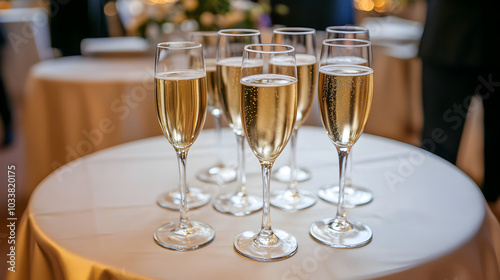 Wallpaper Mural Glasses of champagne standing on a table with a white tablecloth in a room decorated for a festive corporate party. Torontodigital.ca