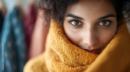 A close-up image captures a woman warmly wrapped in a yellow knit scarf, focusing on her expressive eyes, signifying warmth, comfort, and introspection.