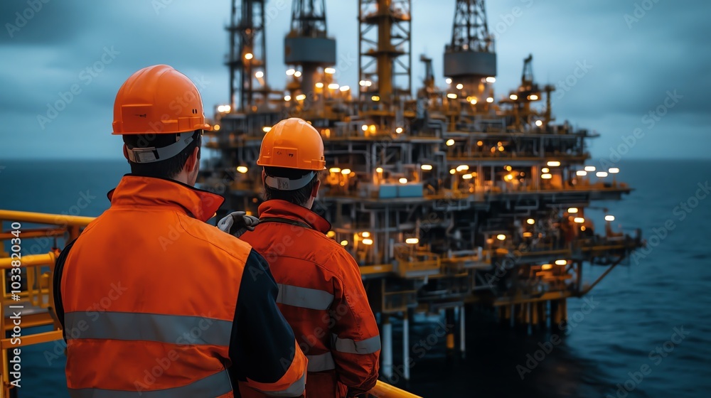 Two workers observe an offshore oil rig at dusk, highlighting the industrial and energy sectors in a dramatic seascape. Two workers observe an offshore oil rig at dusk, highlighting the industrial and energy sectors in a dramatic seascape.