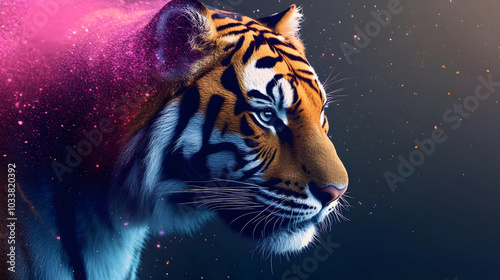 Colorful Tiger Profile with Pink and Blue Light