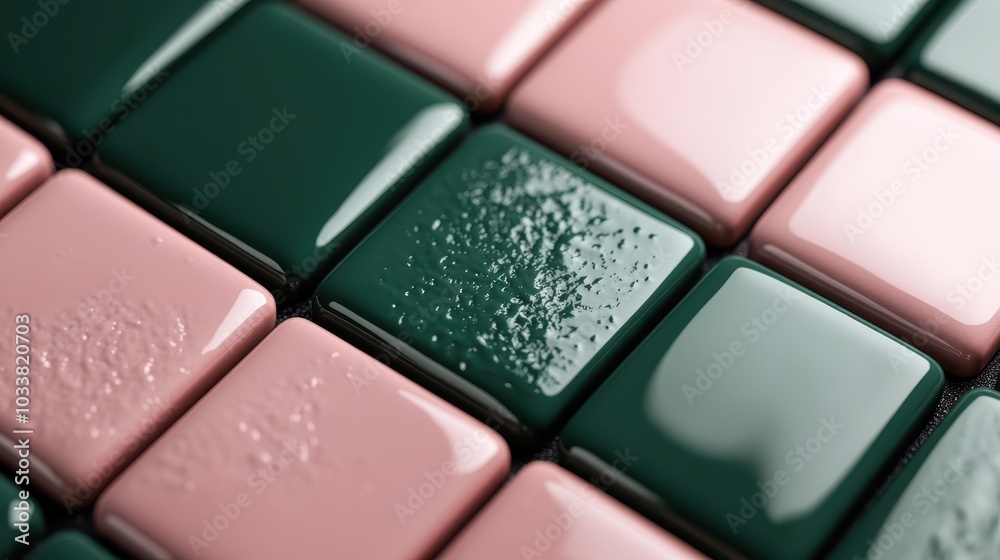 A close inspection reveals the detailed textures of glossy pink and green tiles, highlighting an intricate abstract design that blends color and texture seamlessly.