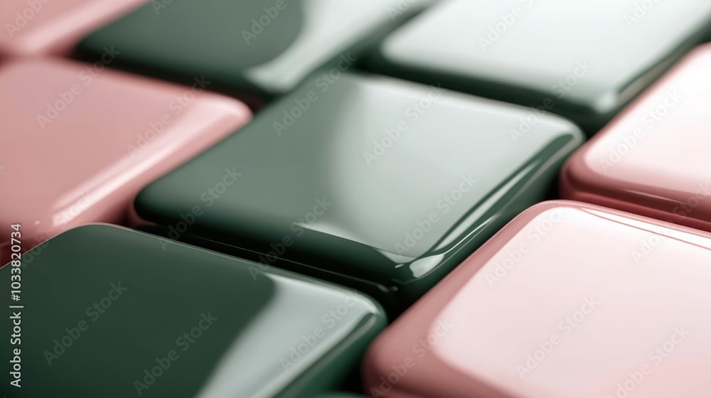 Close-up of glossy, smooth tiles in alternating pastel pink and dark green shades, creating a modern, geometric pattern, conveying simplicity and elegance. Close-up of glossy, smooth tiles in alternating pastel pink and dark green shades, creating a modern, geometric pattern, conveying simplicity and elegance.