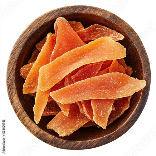 Top view of a wooden bowl filled with dried papaya strips isolated on white background
