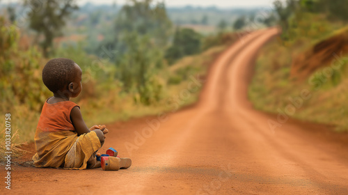 A child sitting on a dirt road, playing with makeshift toys, representing the challenges of growing up in poverty. Copy space, poverty