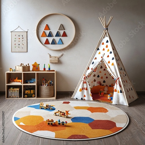 Kids Playroom with Wooden Toy Teepee and Round Rug photo