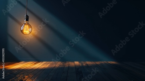 Dark empty room with single flickering light bulb casting long shadows, emphasizing absence of power and eerie atmosphere, minimalist setting with focus on light bulb's glow.