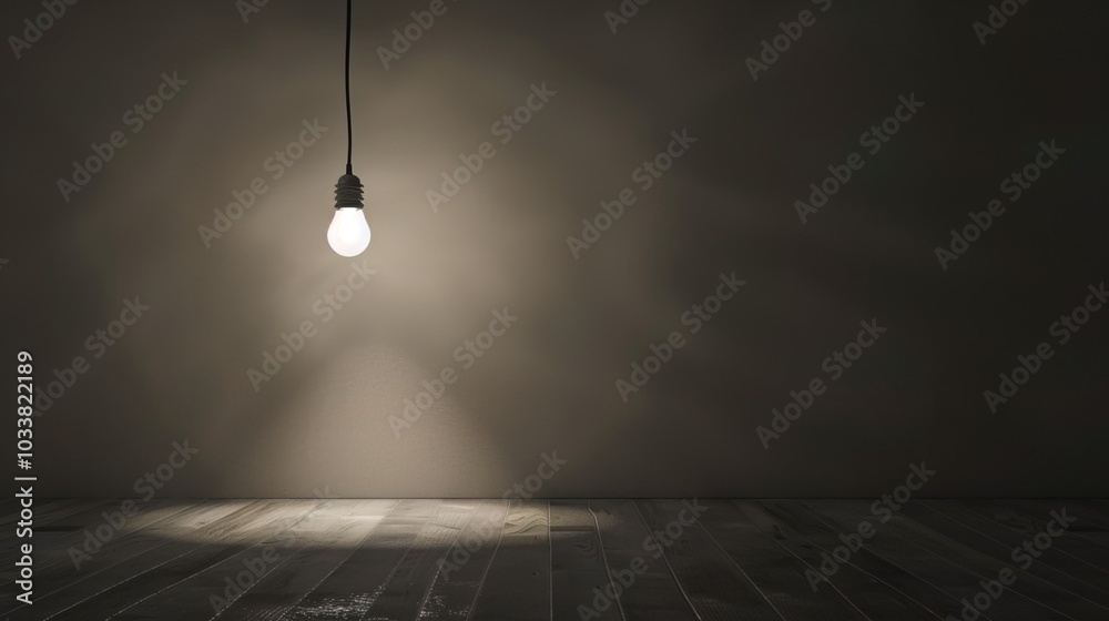 Dark empty room with single flickering light bulb casting long shadows, emphasizing absence of power and eerie atmosphere, minimalist setting with focus on light bulb's glow. Dark empty room with single flickering light bulb casting long shadows, emphasizing absence of power and eerie atmosphere, minimalist setting with focus on light bulb's glow.