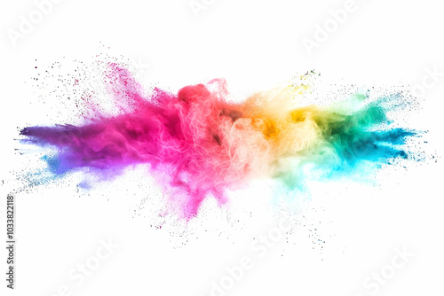 Colorful powder explosion isolated on a white background, a rainbow-colored dust splash. 