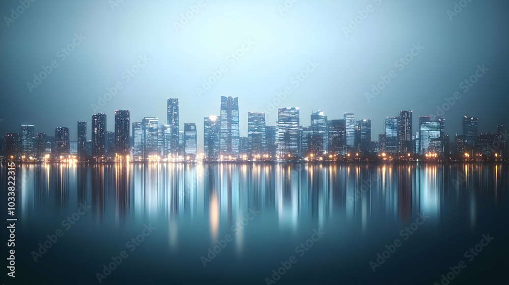 Fototapeta premium Blurred City Skyline at Night with Illuminated Buildings