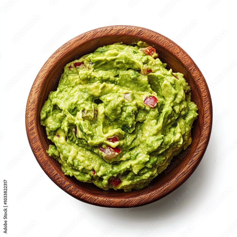 Top view of a wooden bowl with guacamole isolated on white background Top view of a wooden bowl with guacamole isolated on white background
