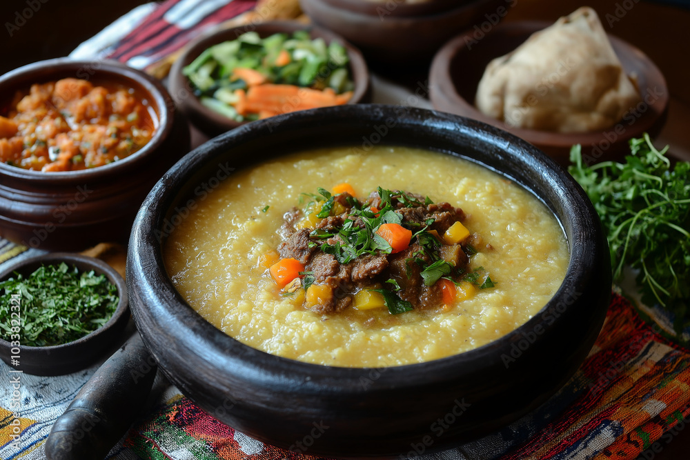 Lesotho Papa with Stewed Vegetables and Meat in a Traditional Bowl Lesotho Papa with Stewed Vegetables and Meat in a Traditional Bowl
