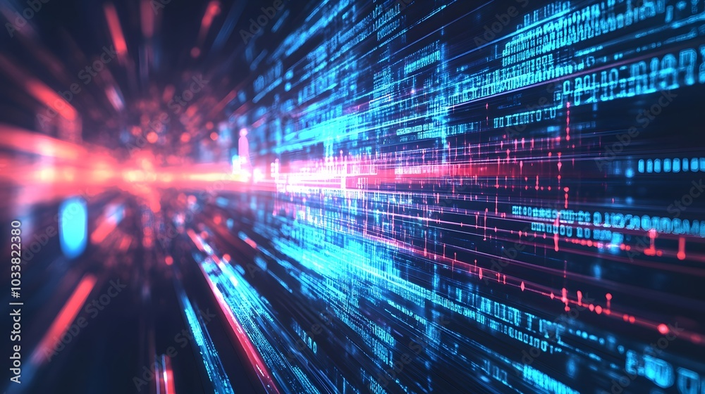 Abstract Digital Data Stream with Red and Blue Lights