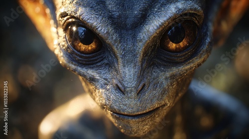 Inquisitive alien with grey leathery skin and large golden eyes. The creature is in a softly illuminated setting with a shallow depth of field