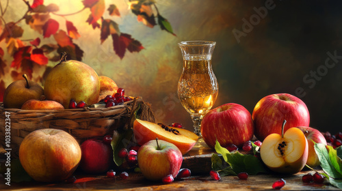 Rosh Hashanah (Jewish New Year) concept featuring traditional symbols such as pomegranate, apples, and honey, arranged on a blue background. The top-down view emphasizes the vibrant colors of the frui photo