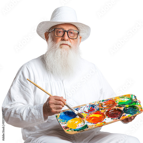 Elderly artist with a palette of vibrant colors, white background photo