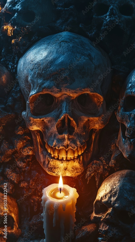 Glowing candlelight illuminates a human skull, casting an eerie and mysterious ambiance. Other skulls hide in the shadows, adding to the spooky atmosphere Glowing candlelight illuminates a human skull, casting an eerie and mysterious ambiance. Other skulls hide in the shadows, adding to the spooky atmosphere