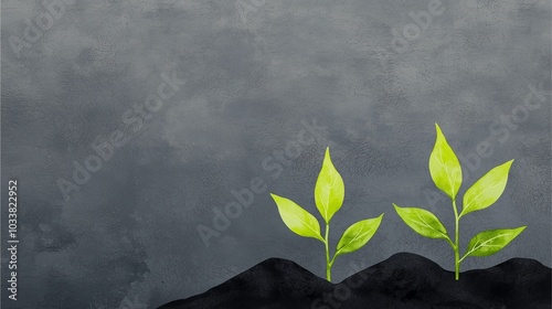 Two vibrant green plants emerge from dark soil against a textured gray background, symbolizing growth and renewal.