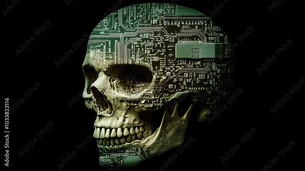 A skull shape integrated with a technological electronics circuit design.
A skull shape integrated with a technological electronics circuit design.