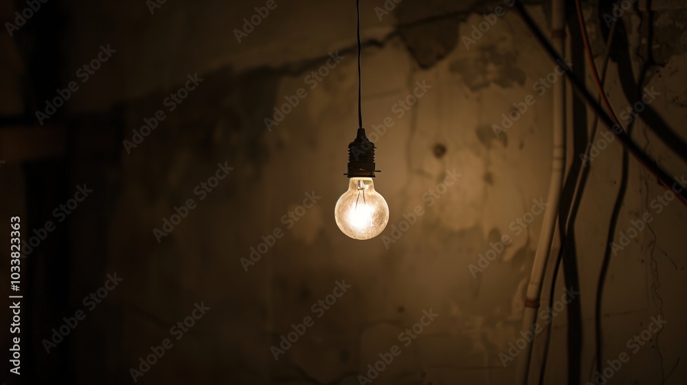 Dark empty room with single flickering light bulb casting long shadows, emphasizing absence of power and eerie atmosphere, minimalist setting with focus on light bulb's glow. Dark empty room with single flickering light bulb casting long shadows, emphasizing absence of power and eerie atmosphere, minimalist setting with focus on light bulb's glow.