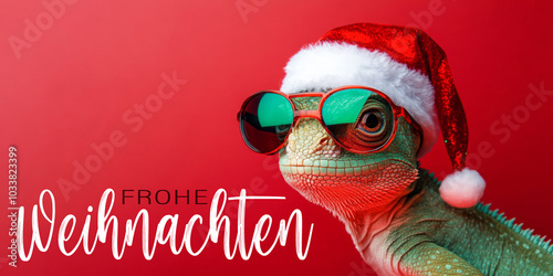 Frohe Weihnachten Urlaub Winter Hintergrund Grußkarte mit deutschem Text - Cooles Chamäleon mit Weihnachtsmannmütze und Sonnenbrille, isoliert auf rotem Hintergrund photo