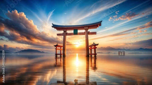 Traditional Japanese torii gate at sunset with vibrant reflections 