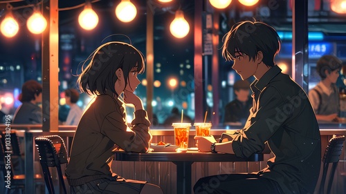 young anime boy and girl couple on a date.