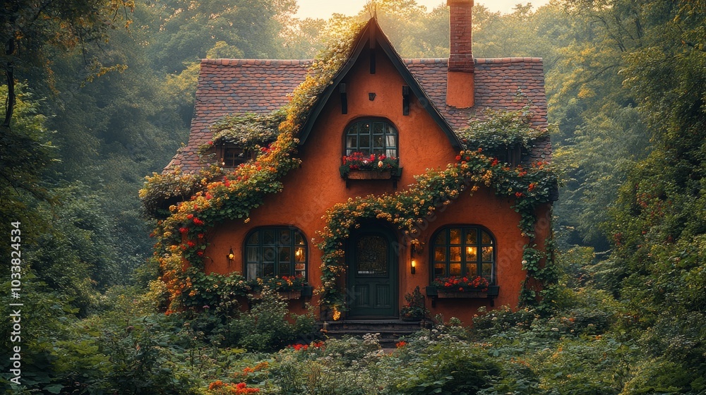 Fototapeta premium Cozy cabin with radiant windows is tucked away in a peaceful woodland, its welcoming light standing out against the lush surroundings