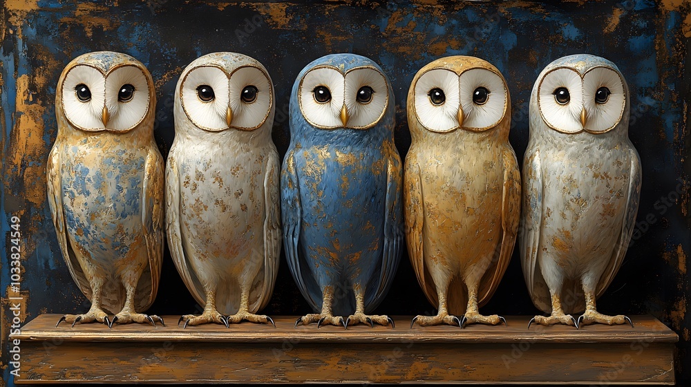 Fototapeta premium Watercolor owls with whimsical patterns and textures, designed for DIY projects or branding materials