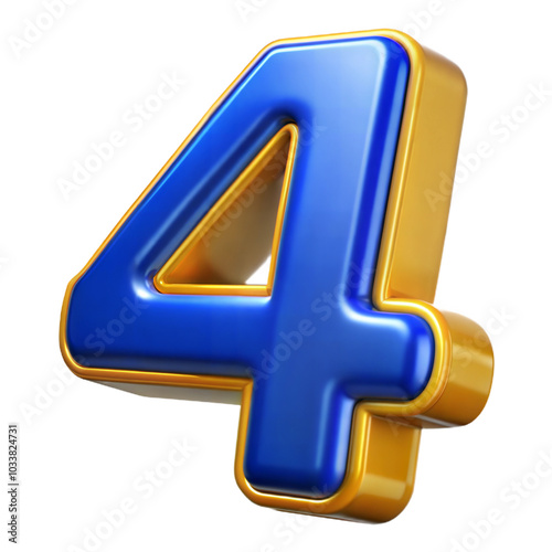 Isolated 3D rendering of the Number Four in Blue and Yellow with a Glossy Effect