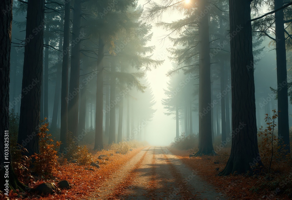 Naklejka premium Forest Path in Foggy Morning Light .