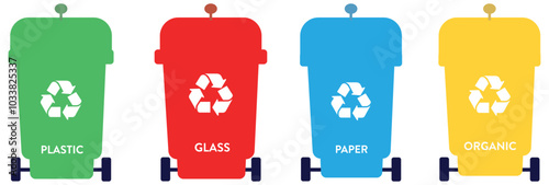 Collection of garbage cans with sorted garbage. Six containers for glass, metal, batteries, plastic, paper, organic. Ecology and recycle concept. Flat vector illustration isolated on white background.