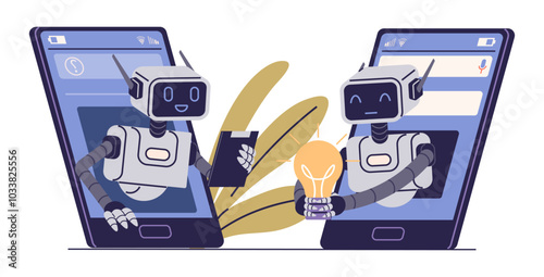 Two robots emerging from smartphones while communicating and exchanging a glowing light bulb. Ideal for technology, communication, AI, innovation, creativity. Cartoon, futuristic, playful