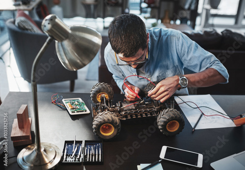 Home, man or car robotics for engineering with machine learning tools, development or electronic transport. Remote work, fixing or wires for vehicle electronics for creative toy. or circuit building photo