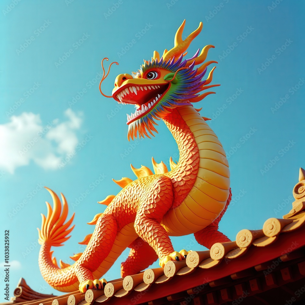 Golden Dragon Statue on Rooftop .