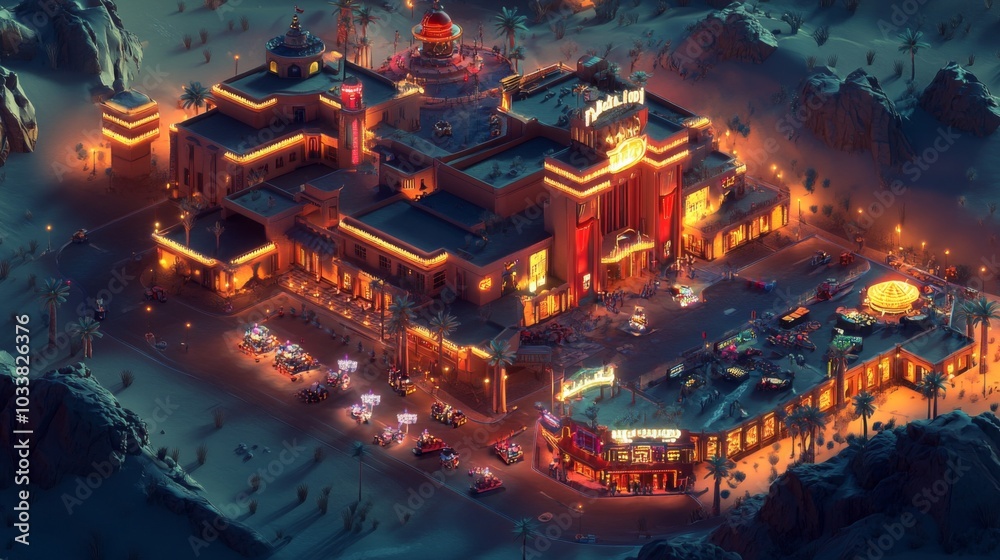Desert canyon casino in isometric 3D rendering with dynamic effects Desert canyon casino in isometric 3D rendering with dynamic effects