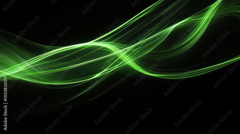 Naklejka premium Abstract Green Light Waves on Black Background
