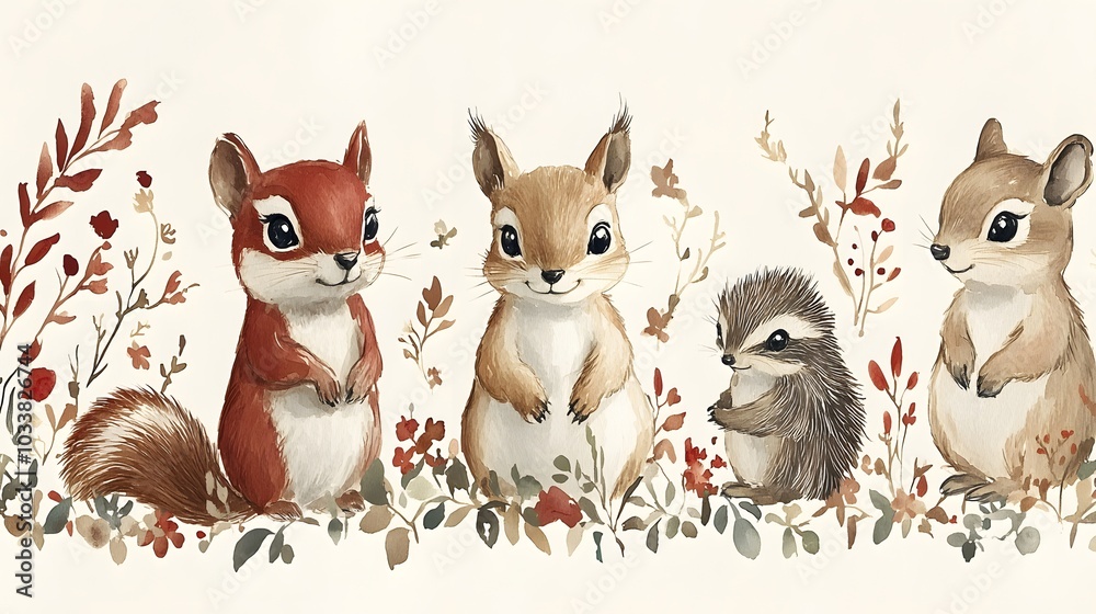 Fototapeta premium Autumn-themed woodland animals hand-painted in watercolor, featuring squirrels, hedgehogs, and birds among falling leaves