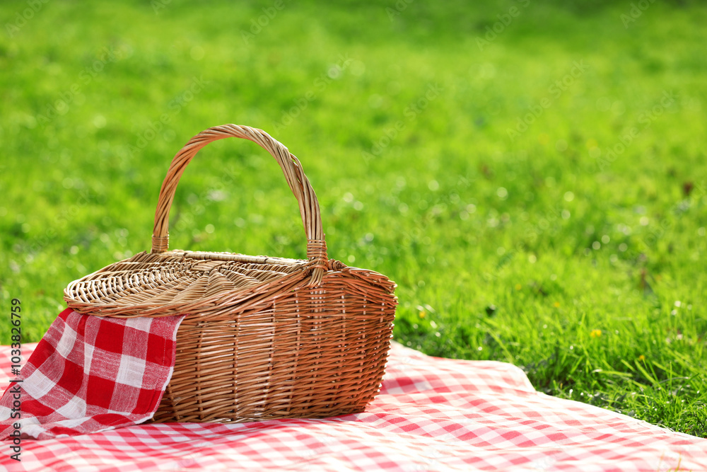 One picnic wicker basket with checkered napkin and blanket on green grass. Space for text One picnic wicker basket with checkered napkin and blanket on green grass. Space for text