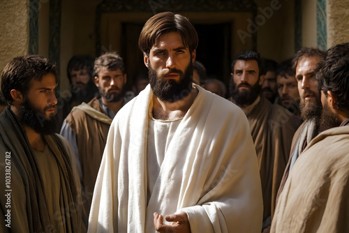 A man in a white robe with a beard stands in front of a group of men. He is the center of attention and he is giving a speech. The other men are looking at him, and some of them are wearing scarves