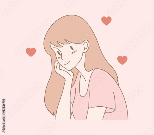 Shy woman falling in love. Cheeks turning red. Heart shape behind.  Hand drawn flat cartoon character vector illustration. 