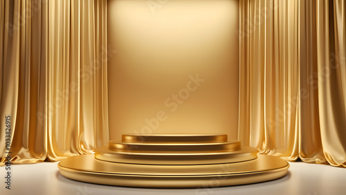 Golden luxurious fabric or cloth placed on top pedestal or blank podium shelf on gold background with luxury concept. Museum or gallery backdrops for product. 3D rendering