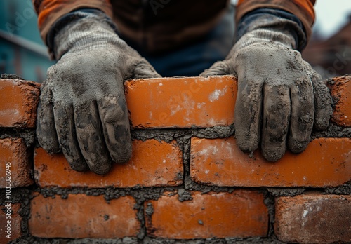 Construction Worker’s Hands Building Brick Wall with Cement Mortar