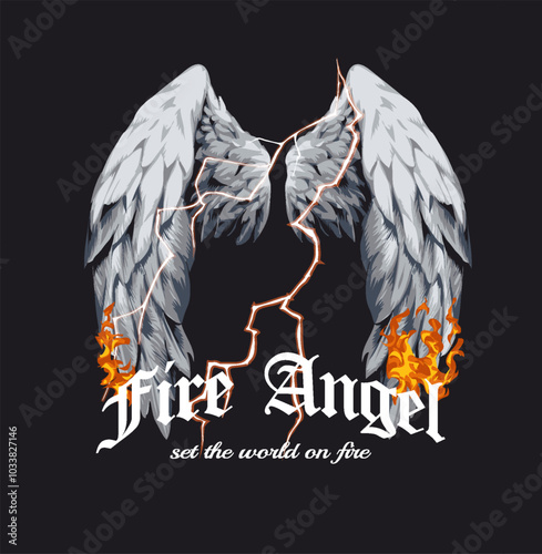 fire angel slogan with angels wings on fire and thunder vector illustration on black background