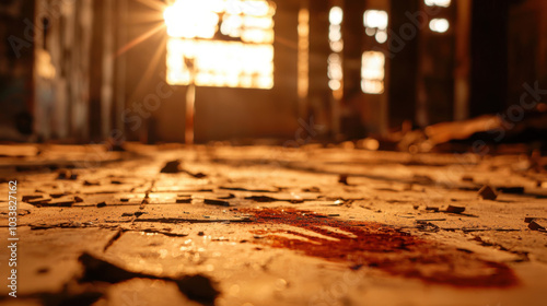 crime scene in abandoned warehouse with bloodstain on floor, illuminated by sunlight streaming through broken windows, creating haunting atmosphere