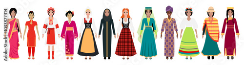 Women from diverse cultures in traditional clothing highlighting global cultural unity. For cultural diversity, tradition, world heritage, multiculturalism, cultural representation, global unity.
