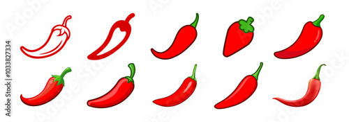 Red hot natural chili pepper icons set. Vector Asian and Mexican spicy food and sauce. Spicy chili pepper isolated on transparent background