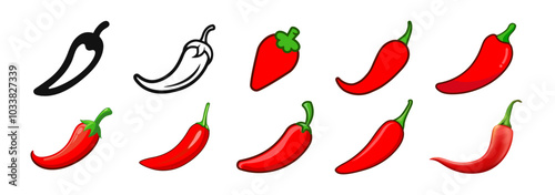 Red hot natural chili pepper icons set. Vector Asian and Mexican spicy food and sauce. Spicy chili pepper isolated on transparent background
