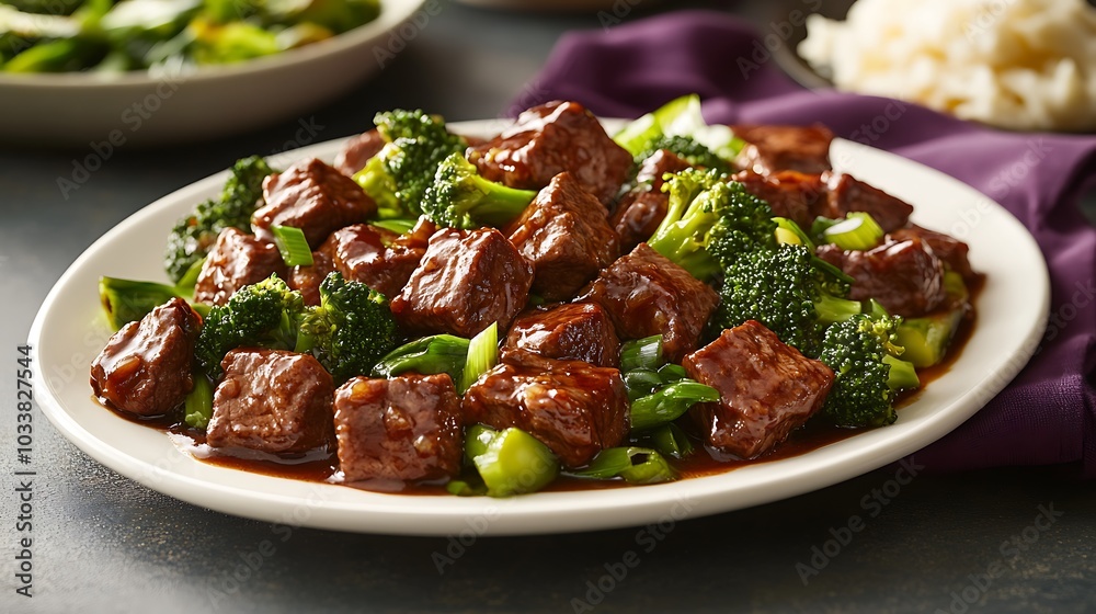 Stir-Fried Beef and Broccoli in Savory Sauce on White Plate
