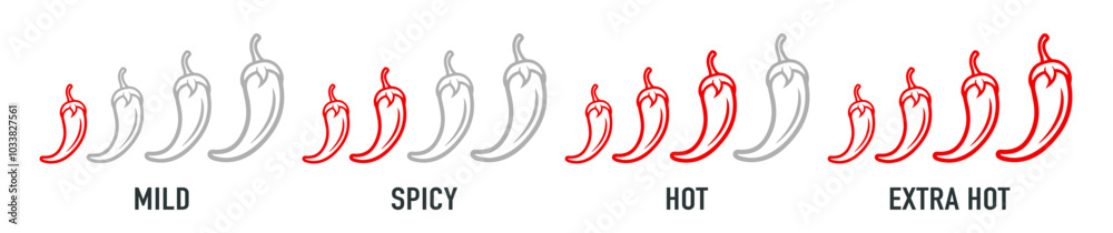 Spice level marks: mild, spicy, hot and extra hot. Symbol of pepper with fire. Vector spicy food mild and extra hot sauce, chili pepper red icons Spice level marks: mild, spicy, hot and extra hot. Symbol of pepper with fire. Vector spicy food mild and extra hot sauce, chili pepper red icons